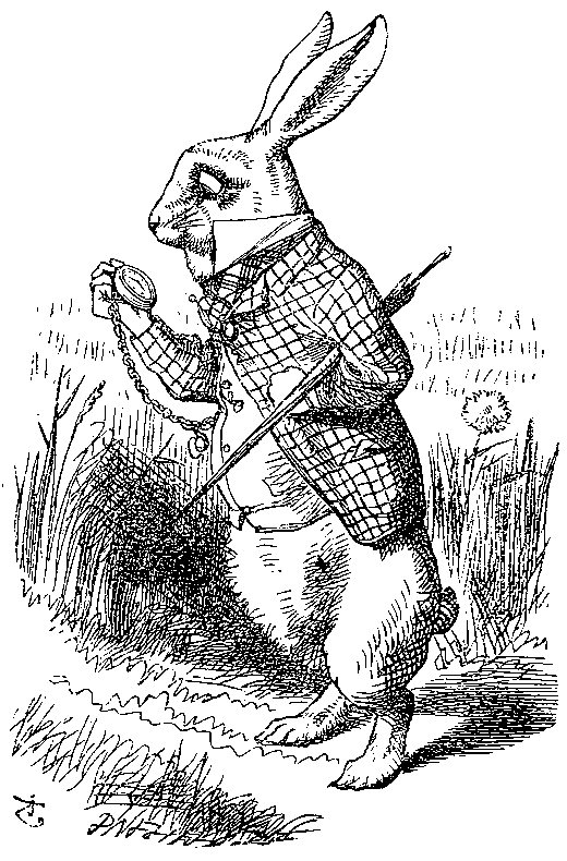 Illustration by Sir John Tenniel showing the White Rabbit looking at his watch and exclaiming 'Oh dear! Oh dear! I shall be too late!' before it popped down a large rabbit-hole.